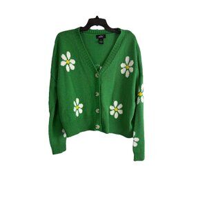 Just Polly Womens Sweater Size M Green White Daisy Long sleeve Button Up Casual